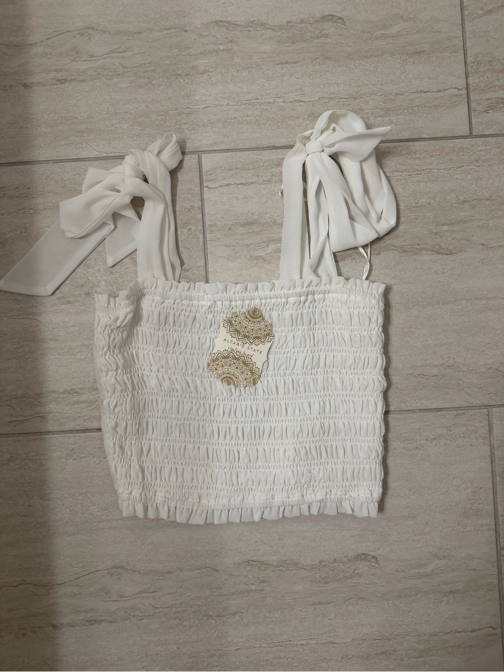 White Smocked Tie-Strap Crop Top Altard State